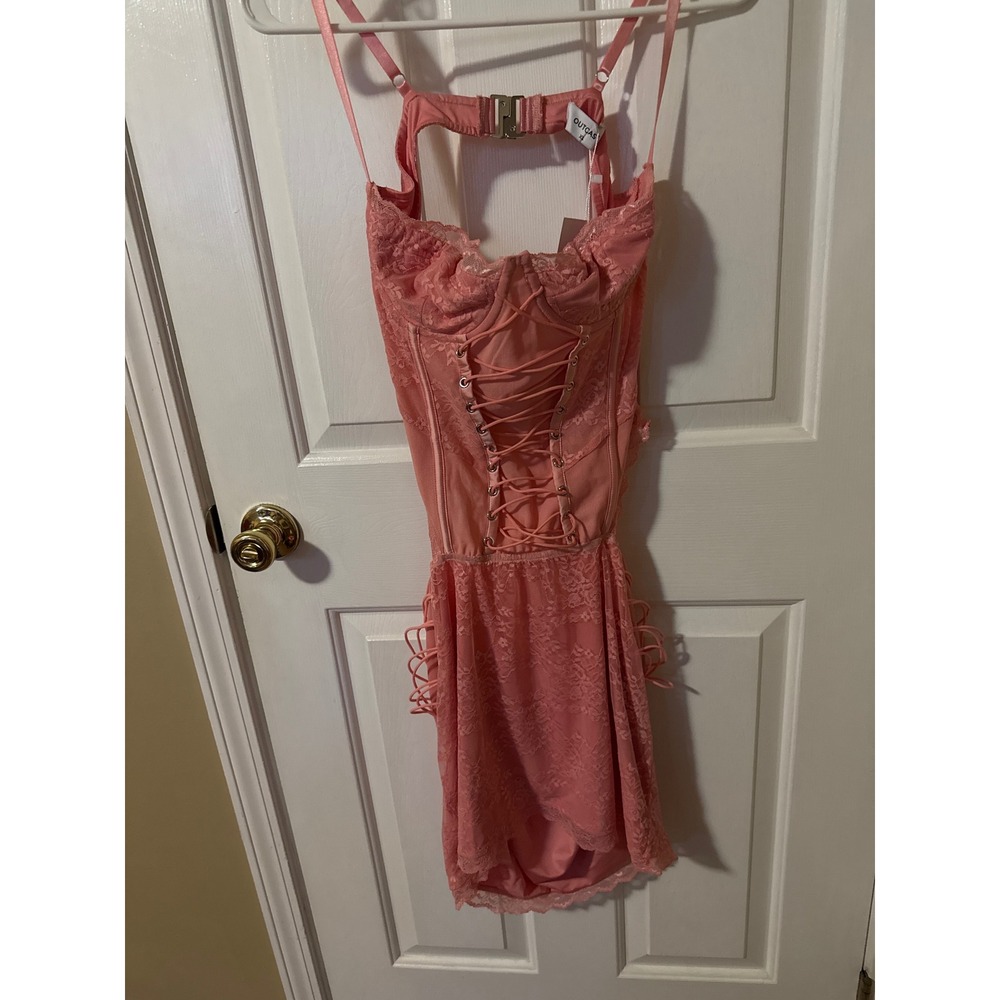Outcast Pink Lace Corset Mini Dress Lace-Up Cut-Out XL NWT